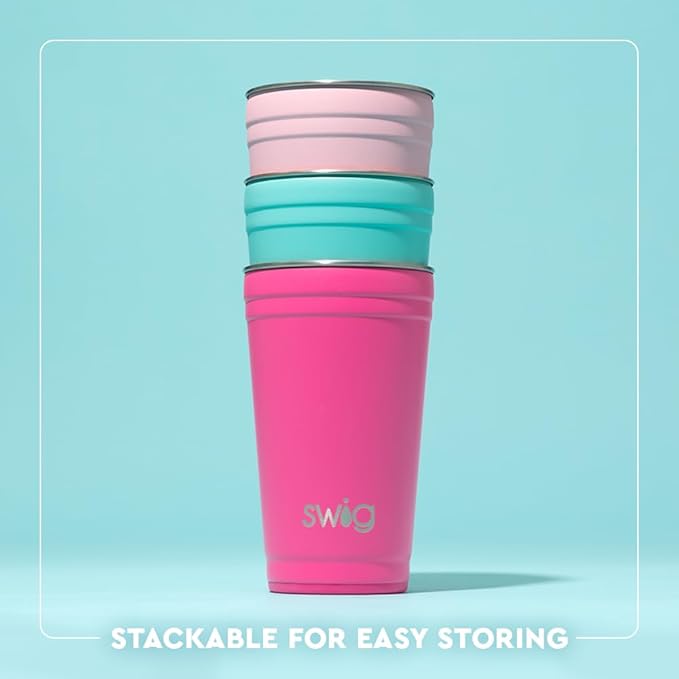 Swig Life 24oz Party Cup, Stackable Insulated Travel Coffee Tumbler with EZ Slider Lid, Cup Holder Friendly Travel, Stainless Steel 24 oz Tumbler, Reusable Mug (Mardi Gras Bows)