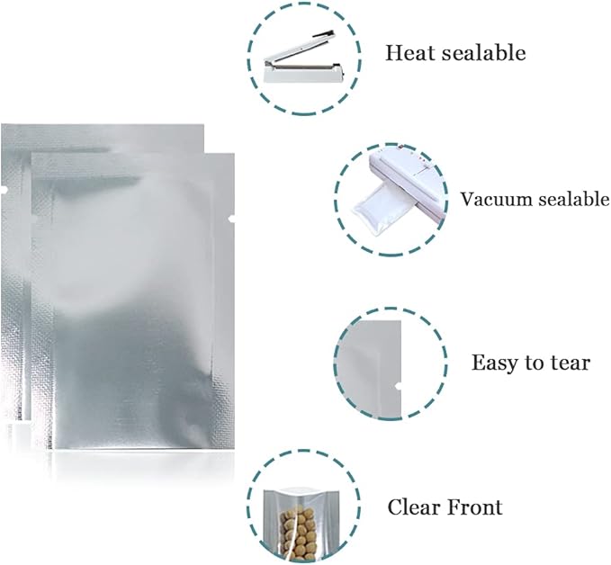 Silver Aluminum Foil Pouch Heat Seal Front Window Plastic Mini Open Top Flat Vacuum Packaging Mylar Bag Food Small Sample Mylar Storage with Tear Notch (500, 9x13cm(3.5x5.1 inch))
