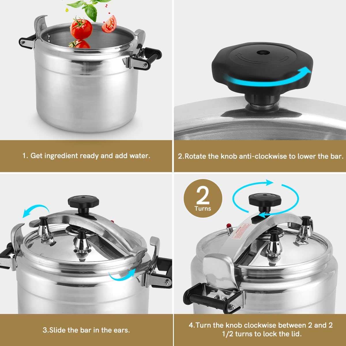 BreeRainz 26 Quart Clamp On Pressure Cooker, Aluminum Pressure Cooker w/Ultra Safe Clamp Bar Locking System, Double Valves for Stable Cooking Pressure, for Family or Commercial Use