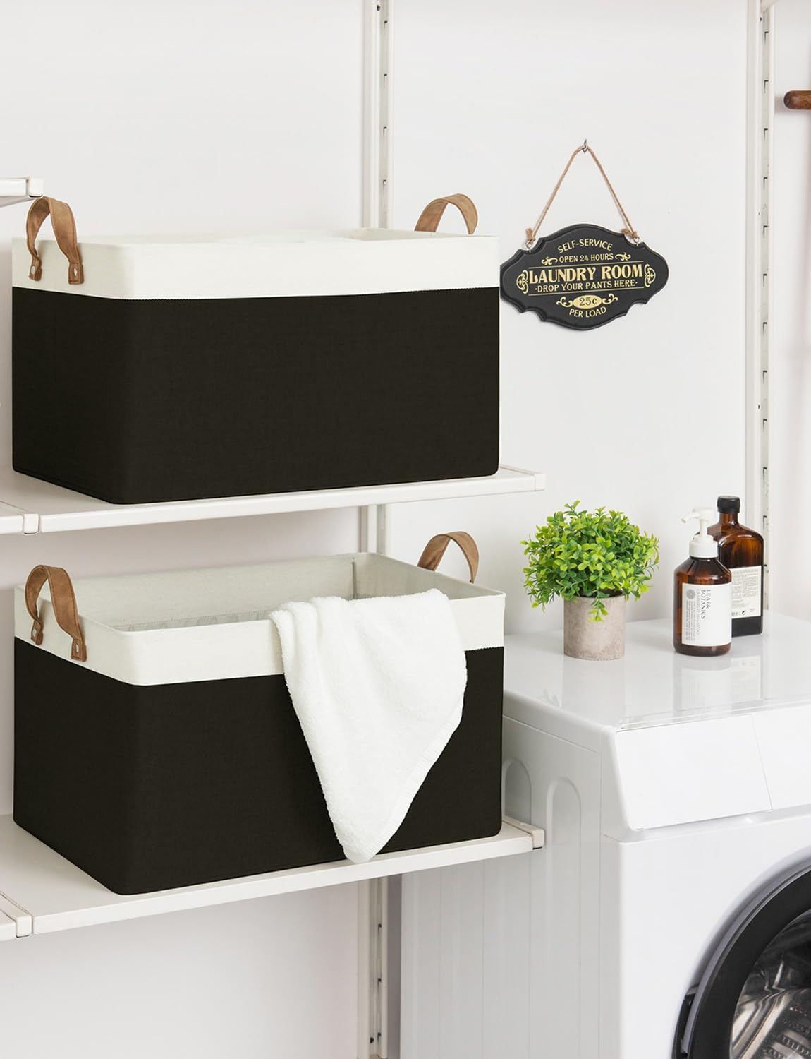 StorageWorks Storage Bins, Fabric Storage Bins for Shelves, Extra Large Storage Baskets with Metal Frame, Closet Baskets and Bins with Handles, Jumbo, Black and White, 2-Pack
