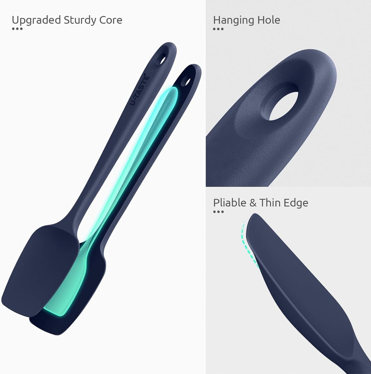 U-Taste Silicone Spoon Spatula Set: 480ºF Heat Resistant Food Grade Flexible Rubber Spoonula, Nonstick Cooking Mixing Scooping Kitchen Baking Scraper Utensils Set of 3 for Pan, Pot, Bowl (Multicolors)