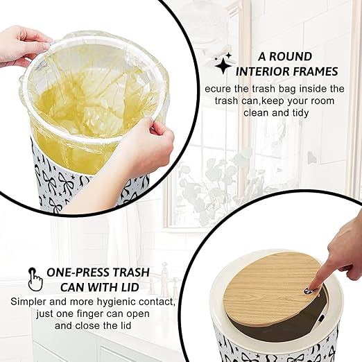 Trash Can with Lid Bow ribbon seamless print white black Christmas Cute crayon bows Press Top Round Small Garbage Bin with Wooden Legs Waste Basket for Kitchen Bedroom Nursery 7L/1.8 Gallon