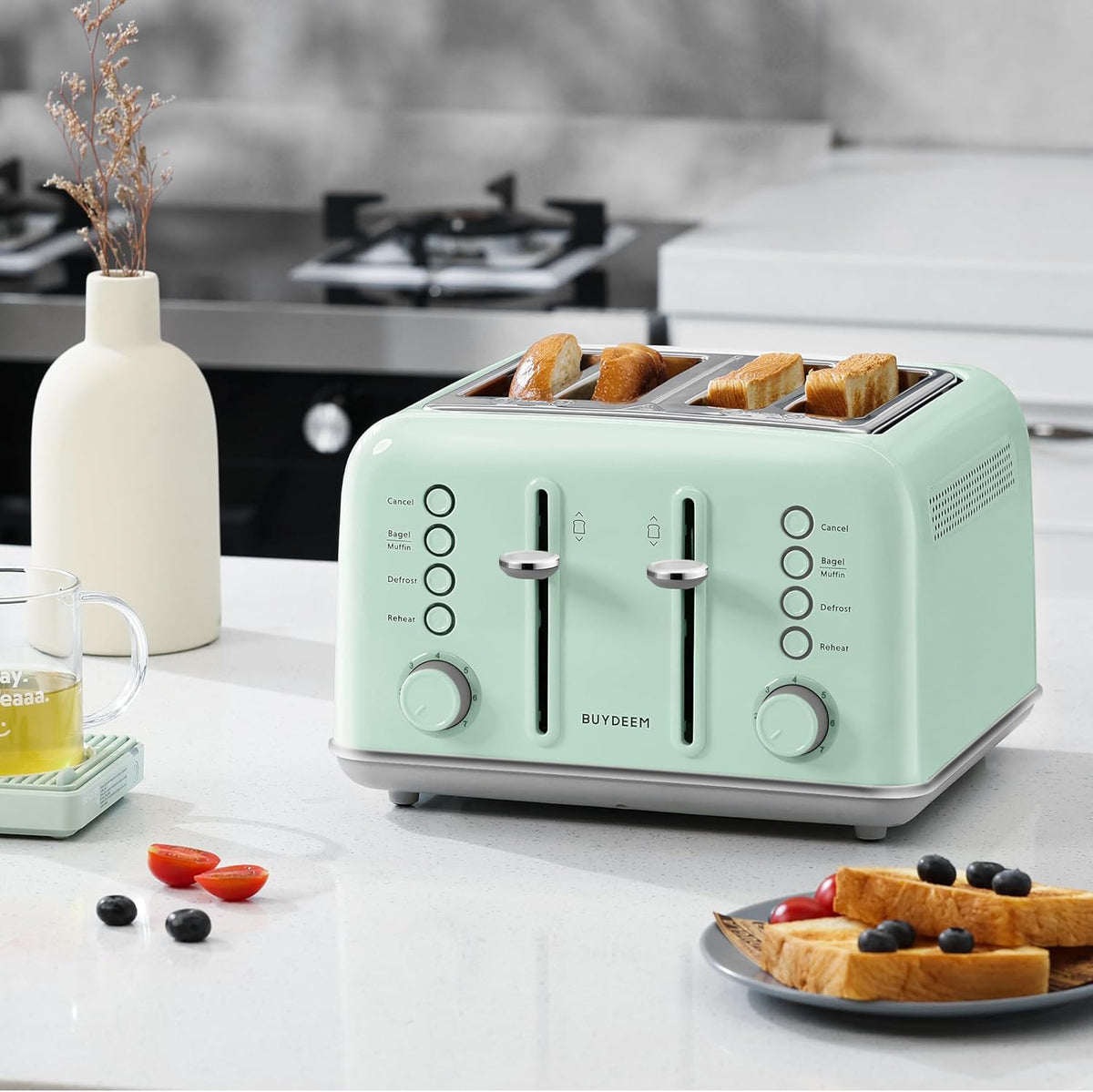 BUYDEEM DT640 Retro 4 Slice Toaster, 7 Shade Settings, Extra Wide 1.5'' Slots, Stainless Steel Toaster with Bagel Muffin Defrost Reheat Function, Green