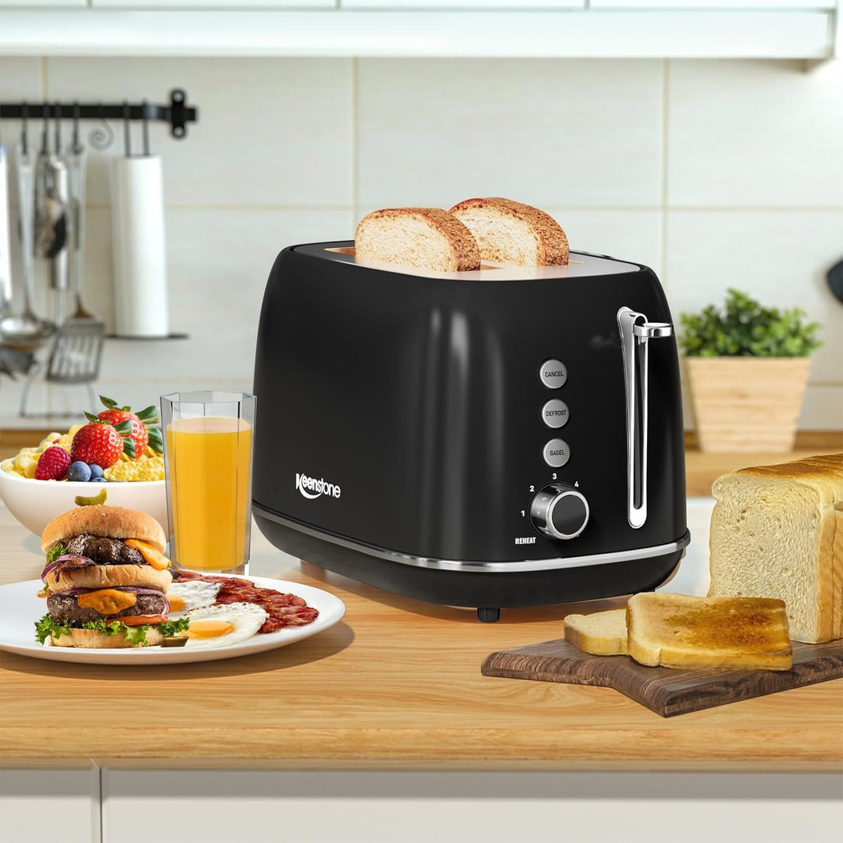Retro Stainless Steel 2 Slice Toaster - Bagel, Cancel, Defrost Functions, 6 Shade Settings, Extra Wide Slot, Removable Crumb Tray (Black)