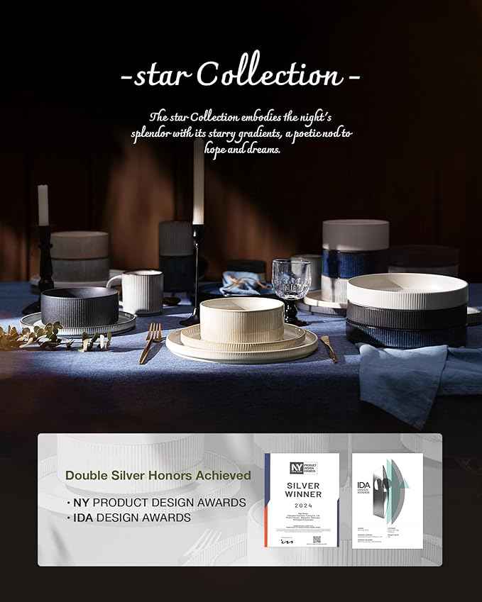 Famiware Star Dinnerware Set with Mugs, Service for 4 (16pcs), Ribbed Stoneware Plates and Bowls Dishes Sets with Trim - Chip & Scratch Resistant, Microwave & Dishwasher Safe, White