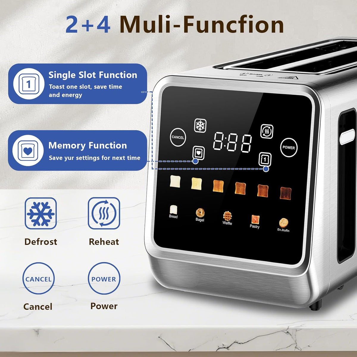 Smart Toaster 4 Slice, Touch Screen, Digital Toasters with 6 Browning Levels & 5 Bread Types, Bagel, Extra Long Wide Slots, Memory Function, Timer, 1400W, Stainless Steel