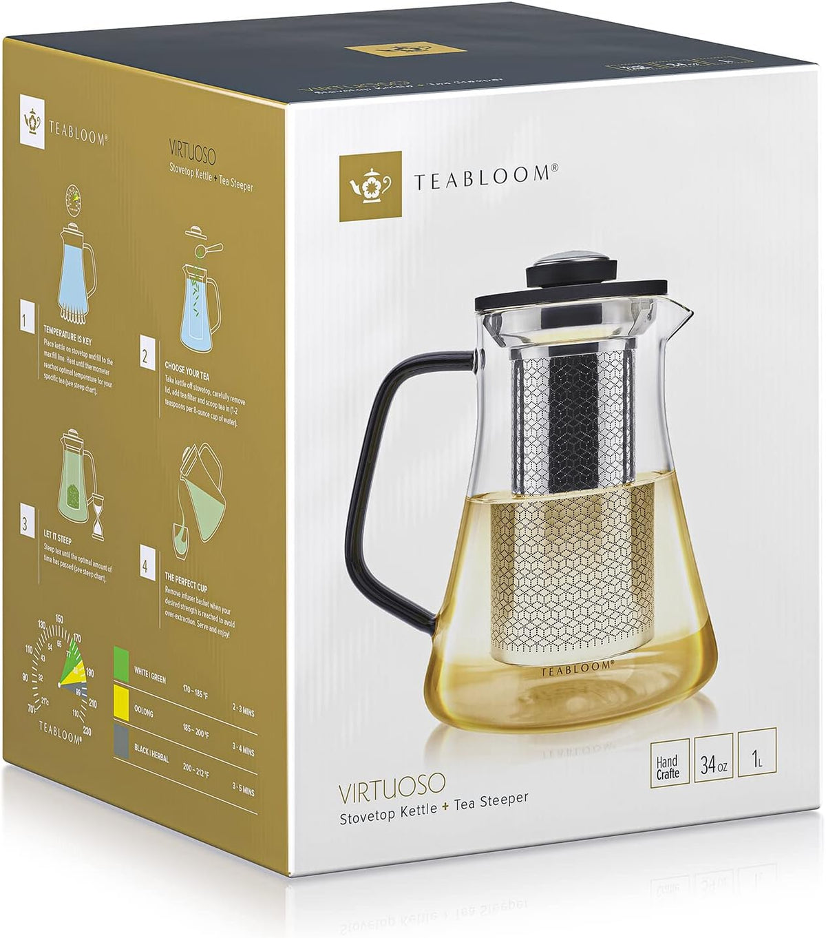 Teabloom 2-in-1 Tea Kettle and Tea Steeper - Glass Teapot with Thermometer and Stainless Steel Loose leaf Tea Infuser, No Whistle Kettles, Virtuoso 34-Ounce Tea Maker