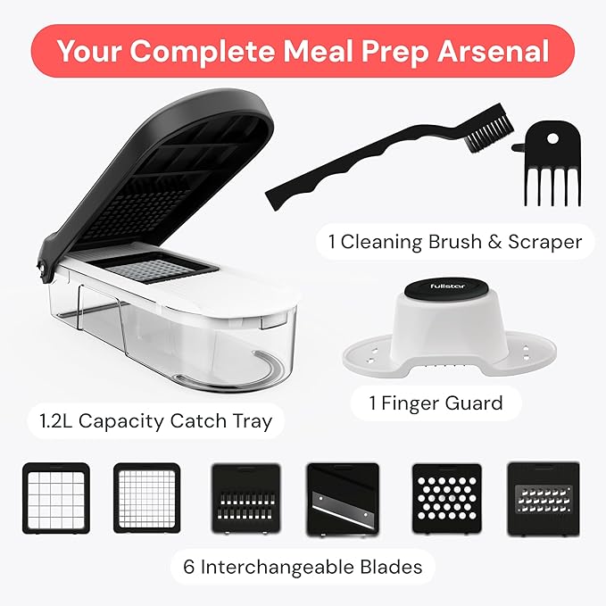 Fullstar Mandoline Slicer for Kitchen - Vegetable Chopper, Onion Potato Food Veggie Fruit Slicer and Cutter with Container, Kitchen Gadgets & Gifts, Home Essentials (6-in-1, White/Black)