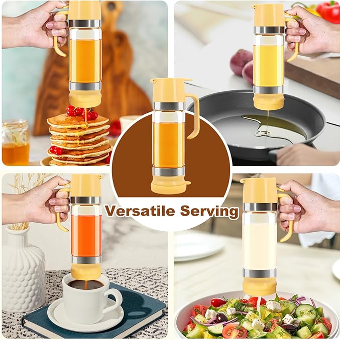Glass Honey Dispenser No-Drip with Handle β 12 oz Maple Syrup Jar Dispenser for Coffee, Pancakes & Waffles β Elegant Glass Syrup Container for Easy Pouring β Honey Jar for Kitchen & Breakfast Table