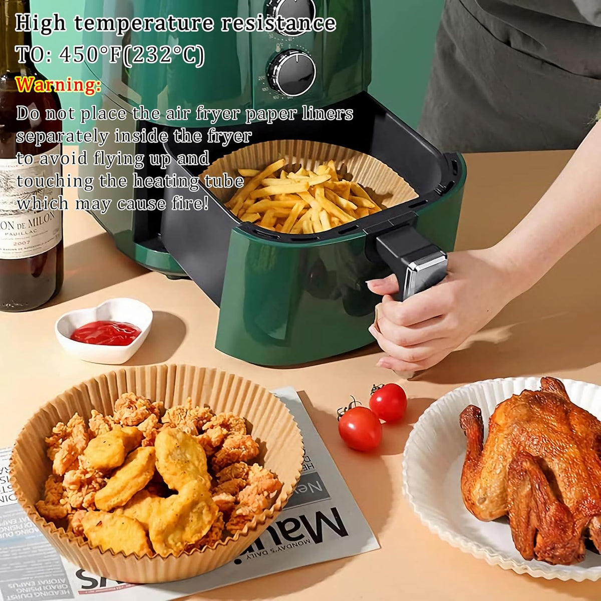 Air Fryer Liner Round,100PCS 7.9 inch to 9 inch Baking Parchment for 5 to 8Qt Air Fryer Disposable Paper Liners,Unbleached Non-stick Non-leak Airfryer Parchment Paper liner