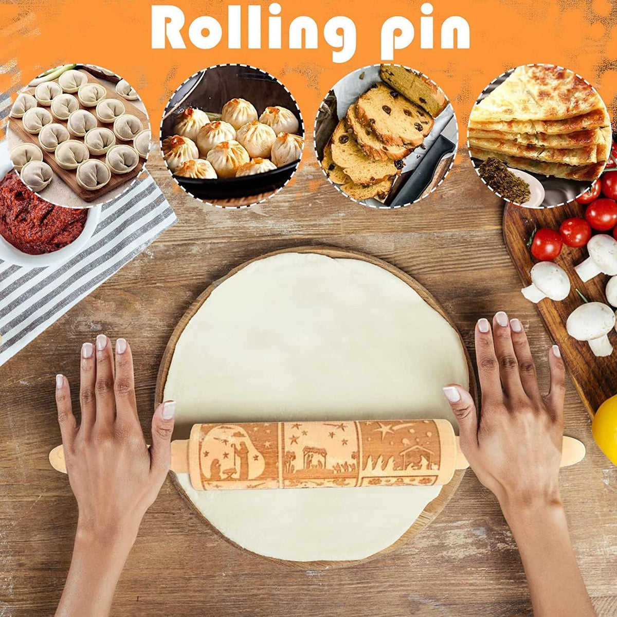 Christmas Wooden Rolling Pin for Baking Engraved Embossing Rolling Pin Cookie Stamps Roller Square Grid Cookies Mold Kitchen Decor Tools for Baking Embossed Cookies (9 Grilles Jesus)