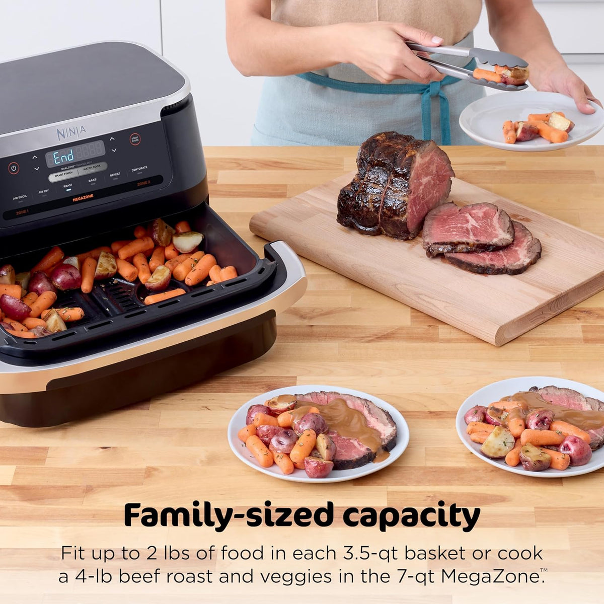 Ninja Foodi 6-in-1 FlexBasket Air Fryer with 7-QT MegaZone & Basket Divider for Large Proteins & Full Meals, Smart Finish Cook 2 Foods 2 Ways, Family Sized Capacity, Air Fry, Roast & More, Black DZ071