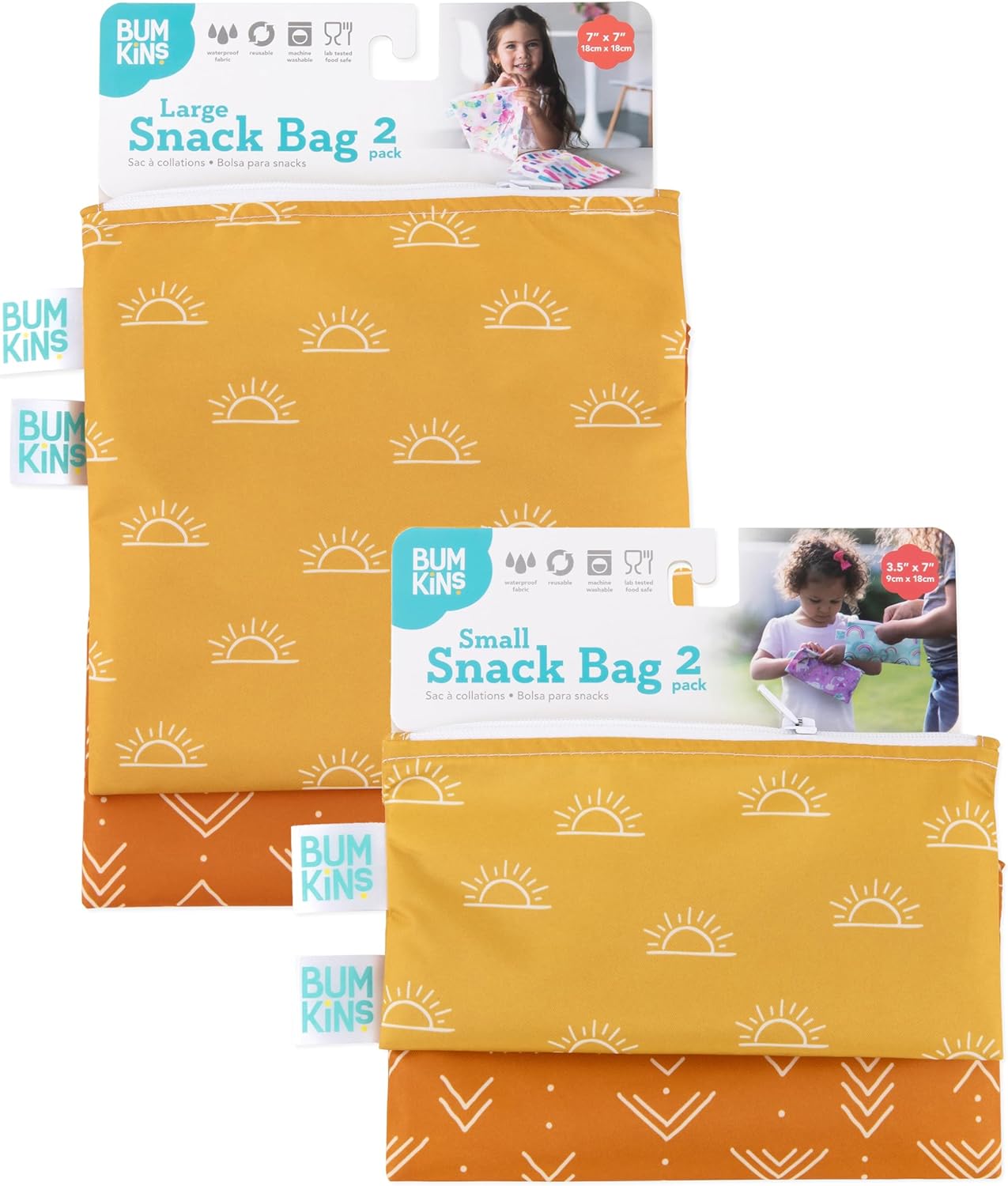 Bumkins Reusable Sandwich and Snack Bags, for Kids Lunch Bags and for Adults, Washable Fabric, Cloth Zip Bag, Dishwasher-Safe, Food-Safe, Safety Tested (4-Pack), Large, Desert Boho Set