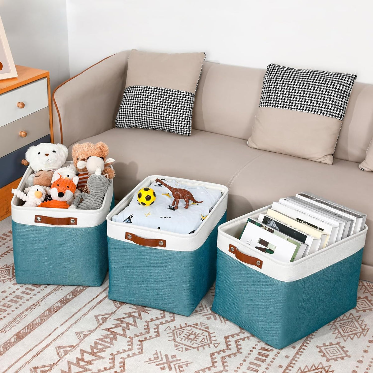DULLEMELO Large Storage Basket, Collapsible Storage Bins Decorative Storage Baskets for Home Shelves Bedroom, Linen Fabric Basket with Leather Handles for Toys Books Organizing(White&Teal