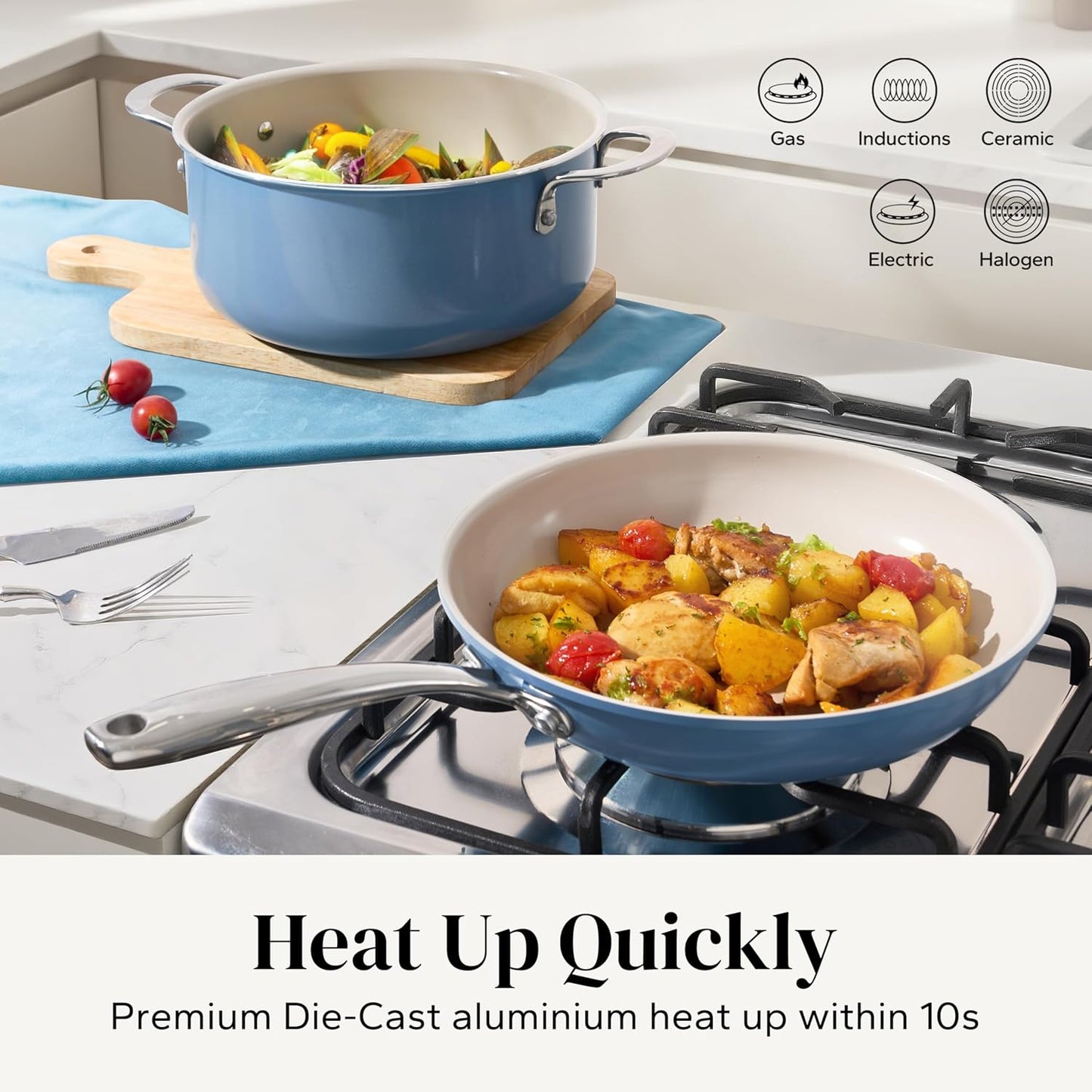 Redchef Ceramic Nonstick Cookware Set,14pcs Pots and Pans Set Non Stick,Induction Cookware with Stainless Steel Handle,Non Toxic Kitchen Cooking Set,Dishwasher & Oven Safe,PFAS PFOA & PTFE Free(Blue)