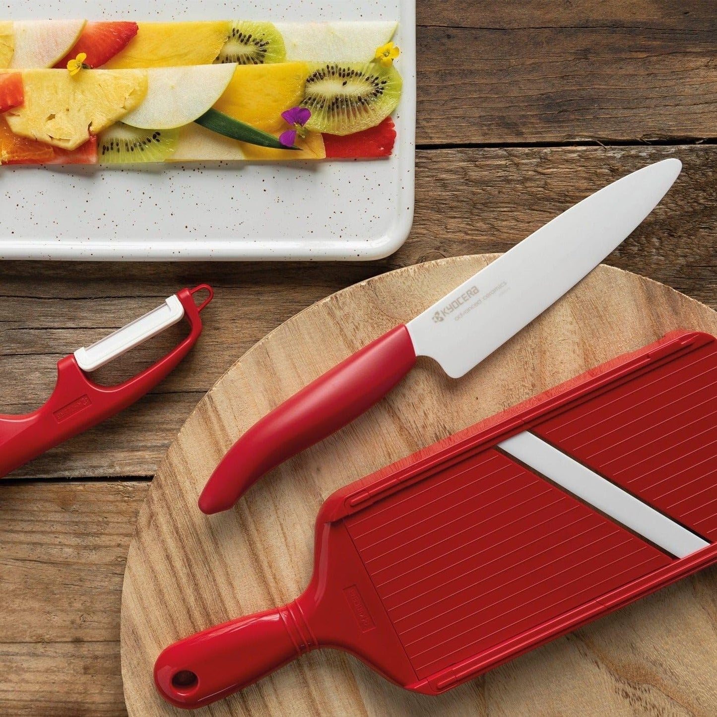 Kyocera Advanced Ceramic Adjustable Mandoline Vegetable Slicer w/ Handguard-Red 11" x 4"