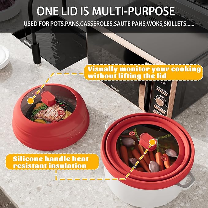 Microwave Splatter Cover, Vented Silicone and Glass Cover Splatter Guard Lid, Food Collapsible Plate Cover Lid with Easy Grip Handle. (Red, 11.8 inch)