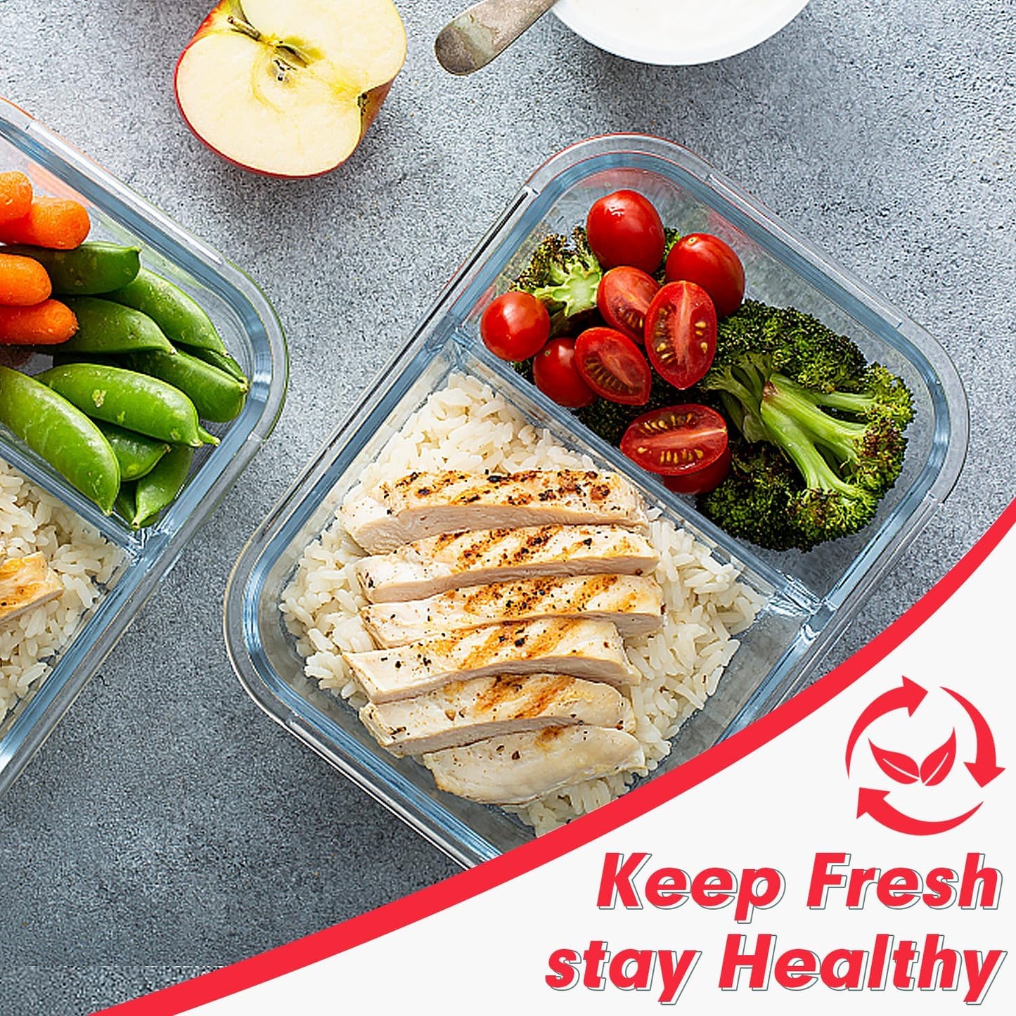 VERONES 10 Pack Glass Meal Prep Containers 2 Compartment Set, 36OZ Airtight Lunch Containers, Glass Food Storage Containers with Lids, for Microwave, Oven, Freezer & Dishwasher Friendly,Red