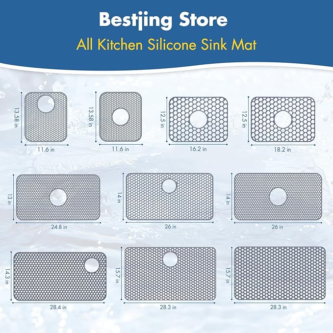 Bestjing Silicone Sink Mat - Protectors for Kitchen Sink with Center Drain, 26"x 14" Kitchen Grid Accessory, Non-Slip Heat-Resistant Mat for Bottom of Farmhouse Porcelain Stainless Steel (Center Hole)