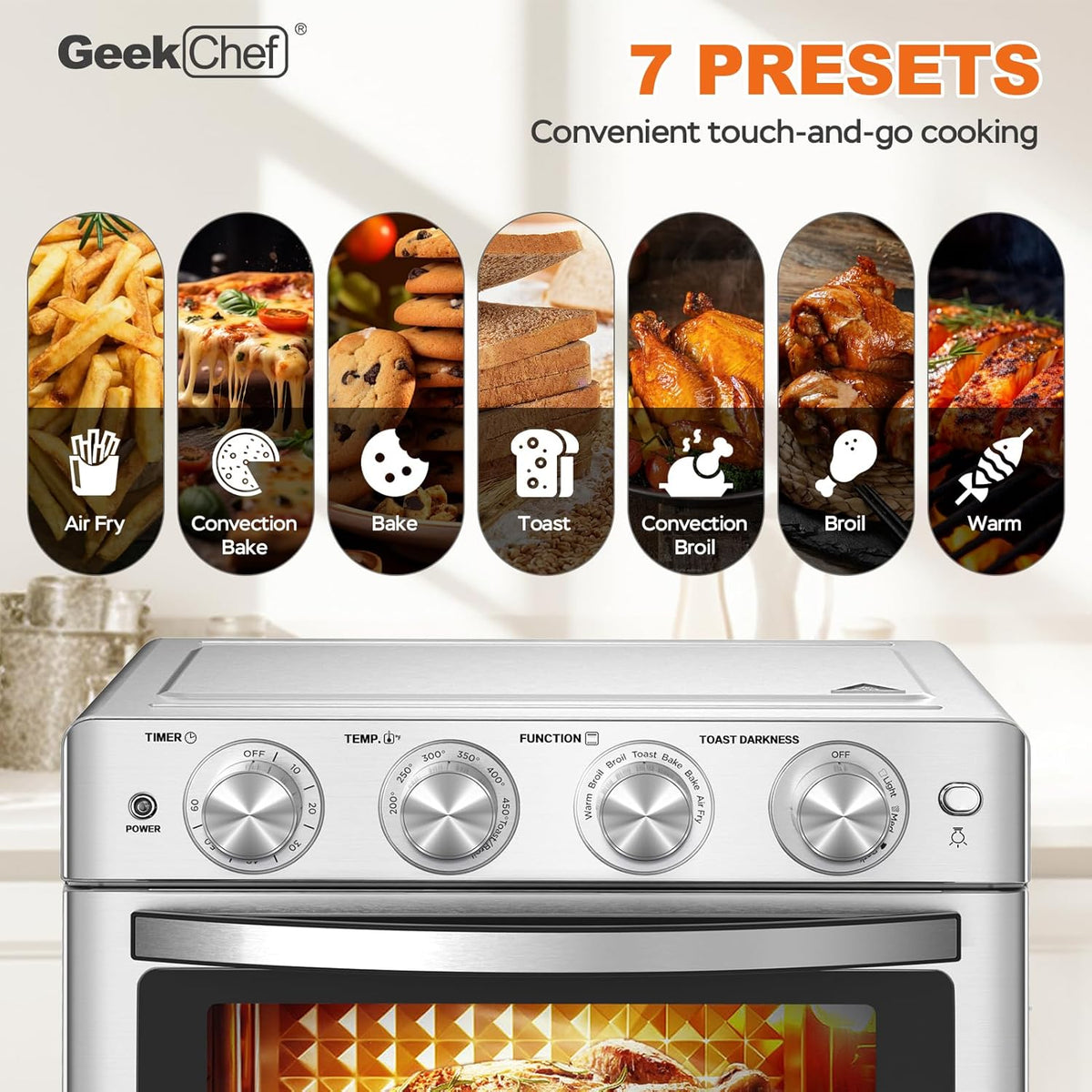 Geek Chef Air Fryer Oven 26 QT, Big Air Fryer, Toast Oven with Bake, Roast, Pizza, Easy to Use & Clean, 6 Slice Toast, Stainless Steel