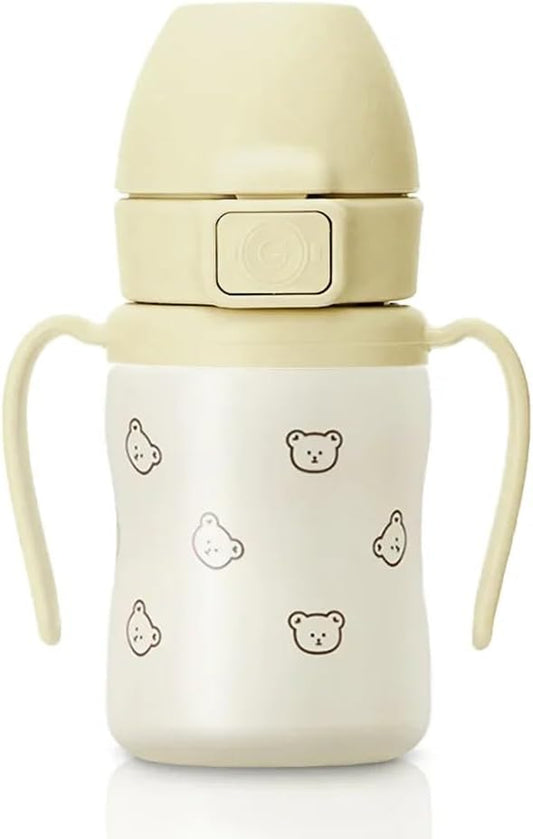 GROSMIMI Insulated 316 Stainless Steel Spill Proof Straw Cup, Water bottle with Flip Top for Toddlers, BPA Free (bear, 6oz)