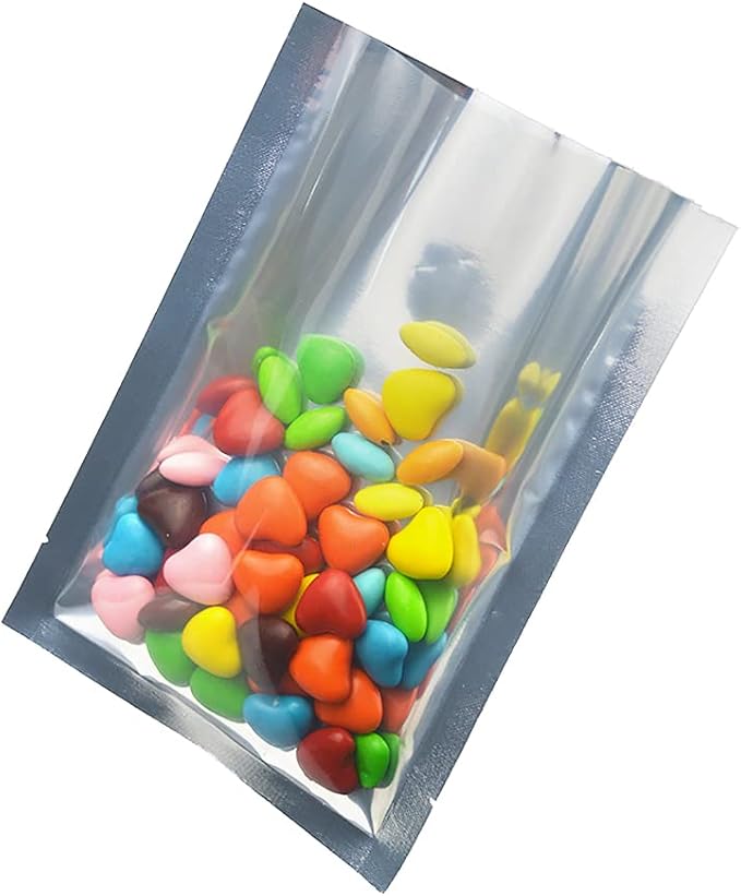 Silver Aluminum Foil Pouch Heat Seal Front Window Plastic Mini Open Top Flat Vacuum Packaging Mylar Bag Food Small Sample Mylar Storage with Tear Notch (200, 6x9cm(2.3x3.5 inch))