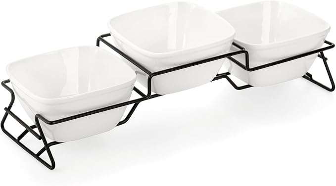 ZENFUN 10 oz Square Bowl Chip & Dip Serving Set, Pocelain Ramekin Bowls with Metal Rack Stand, White Small Serving Dishes, Condiment Serving Tray for Entertaining, Party, Buffets, Christmas