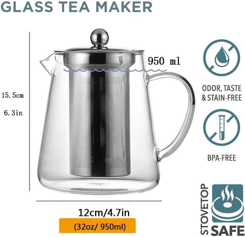 Glass Teapot (32oz/950ml) MJZQCD with Removable Stainless Steel Infuser,Glass Tea Pot transparent Stovetop tea Kettle,Blooming and Loose Leaf Tea Maker,Microwave & Dishwasher Safe