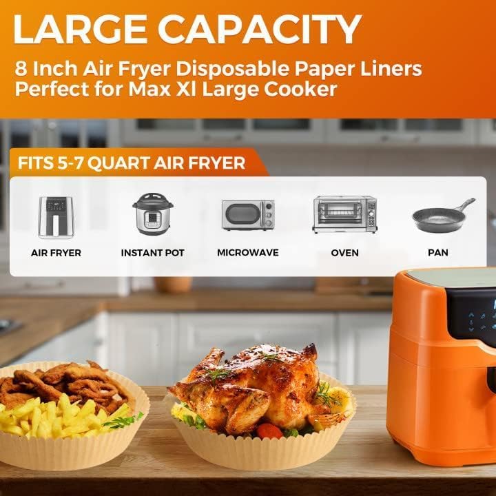 100Pcs Air Fryer Paper Liners Disposable, 8 Inch Max Xl Large Cooker Air Fryer Disposable Paper Liners, Oil Proof Parchment Sheets Round Basket Bowl Liner for Baking