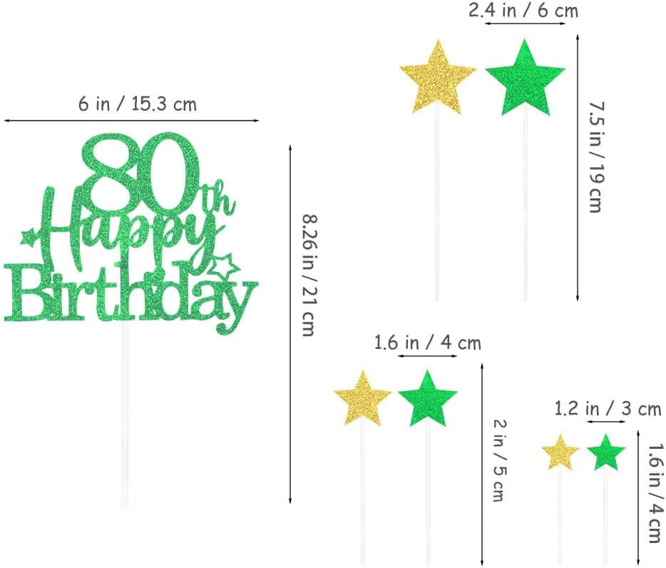 Glittery 80th Happy Birthday Cake Topper with Star,Personalised 80 Birthday Cake Toppers Party Decorations Party Supplies for Boys Girls Green Gold