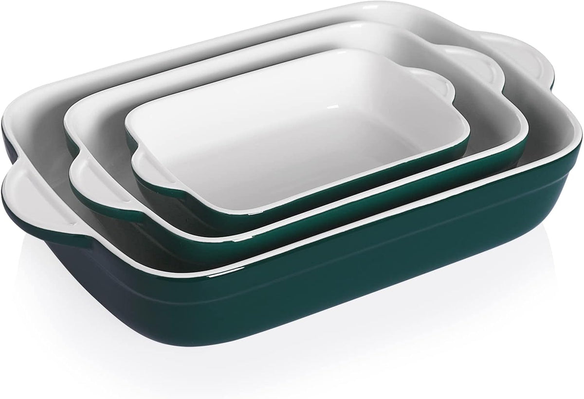 Sweejar Casserole Dishes for Oven, Ceramic Bakeware Set of 3, Lasagna Pan Deep with Handle, Rectangular Baking Pan Set, 9x13 Baking Dish for Cooking, Banquet and Daily Use (Jade)