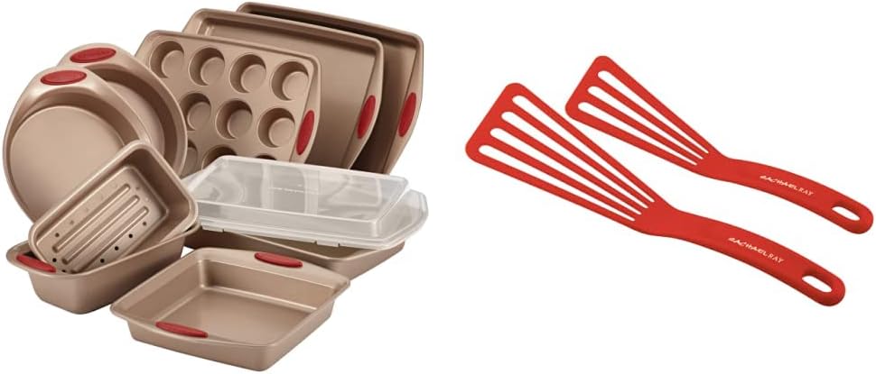 Rachael Ray Cucina Nonstick Bakeware Set Baking Cookie Sheets Cake Muffin Bread Pan, 10 Piece, Latte Brown with Cranberry Red Grips & KitchenTools and Gadgets Nylon Cooking Utensils, 2 Piece, Red