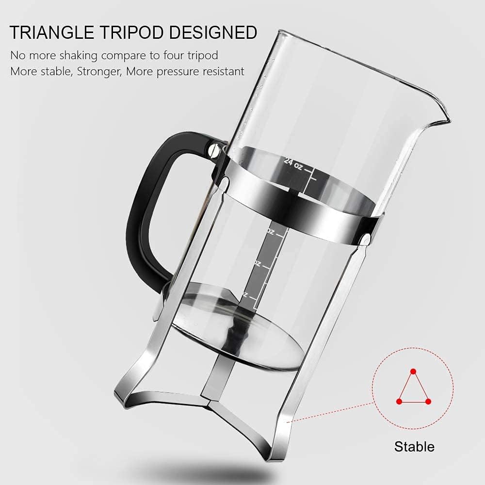 QUQIYSO French Press Coffee Maker 34oz 304 Stainless Steel French Press with 4 Filter, Heat Resistant Durable, Easy to Clean, Borosilicate Glass Coffee Press, 100% BPA Free Glass Teapot, Silver