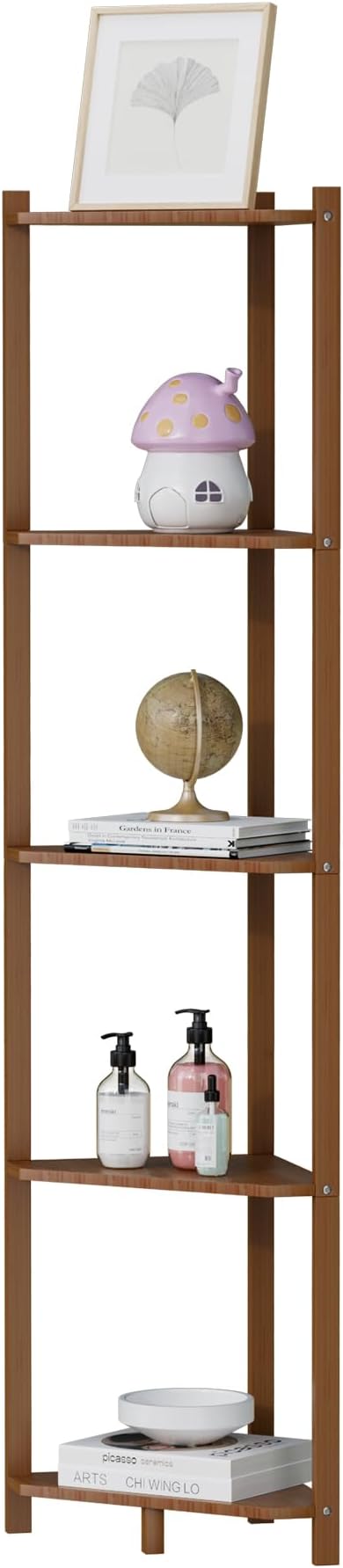 Wisuce Corner Shelf, 100% Real Bamboo Shower Corner Shelves Free Standing Shelf Storage Organizer for Bathroom Living Room Kitchen (Brown, 5 Tier)