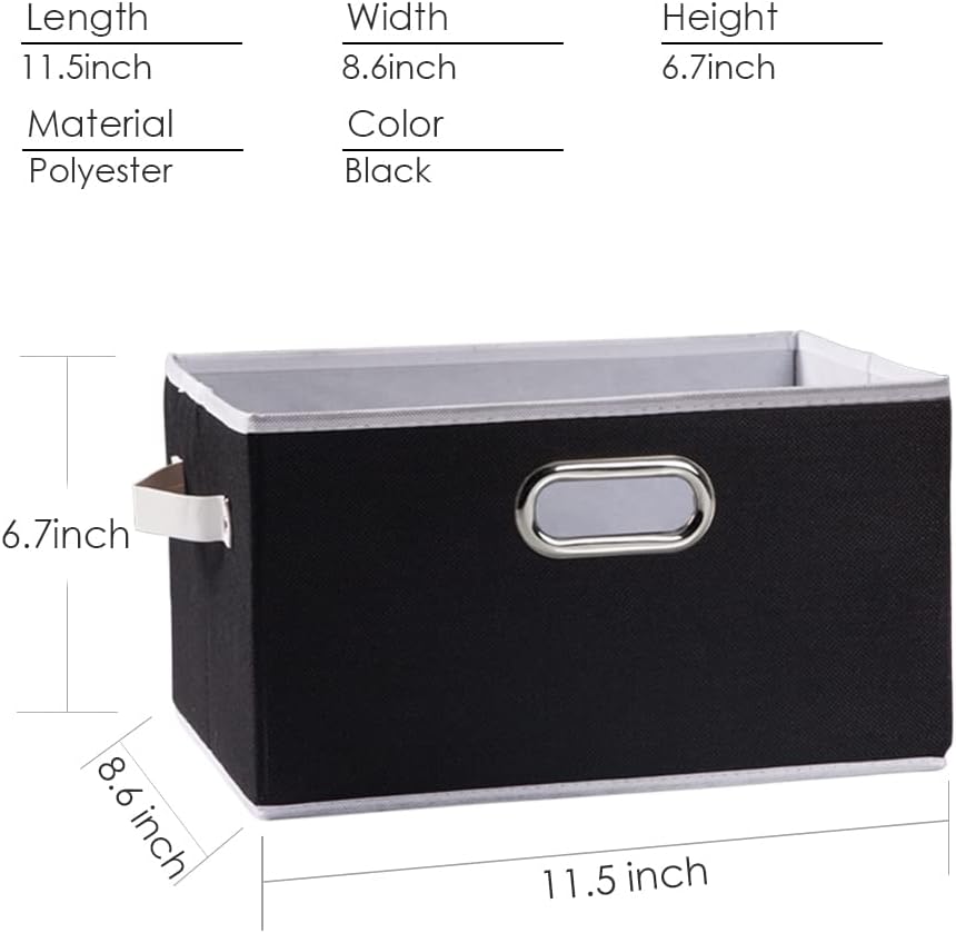 PRANDOM Fodable Storage Baskets for Closet [5-Pack] Decorative Fabric Storage Bins Cubes with Leather/Metal Handles for Shelves Bedroom Living Room Black (11.5x8.5x6.7 Inch)