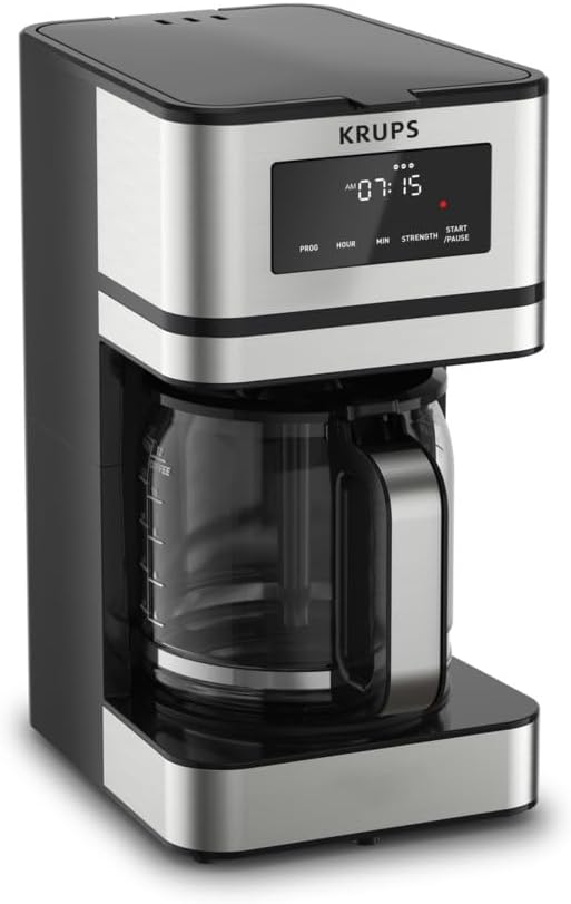 KRUPS Simply Brew: Stainless Steel and Glass Carafe 14 Cup Drip Coffee Maker, Programmable with Digital Display, Dishwasher Safe, Drip Free Coffee Machine, Black and Silver