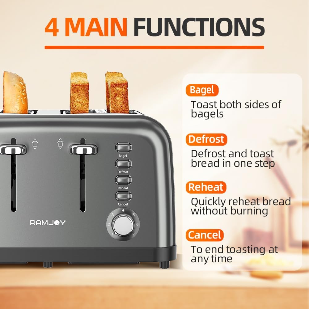 Grey Toaster 4 Slice, Dual Independent Controls, Extra Wide Slot Toasters for Bagel, Bread, Waffles, 7 Shade Settings, 4 Main Functions, Removable Crumb Tray, 1500 Watts, Grey Stainless Steel