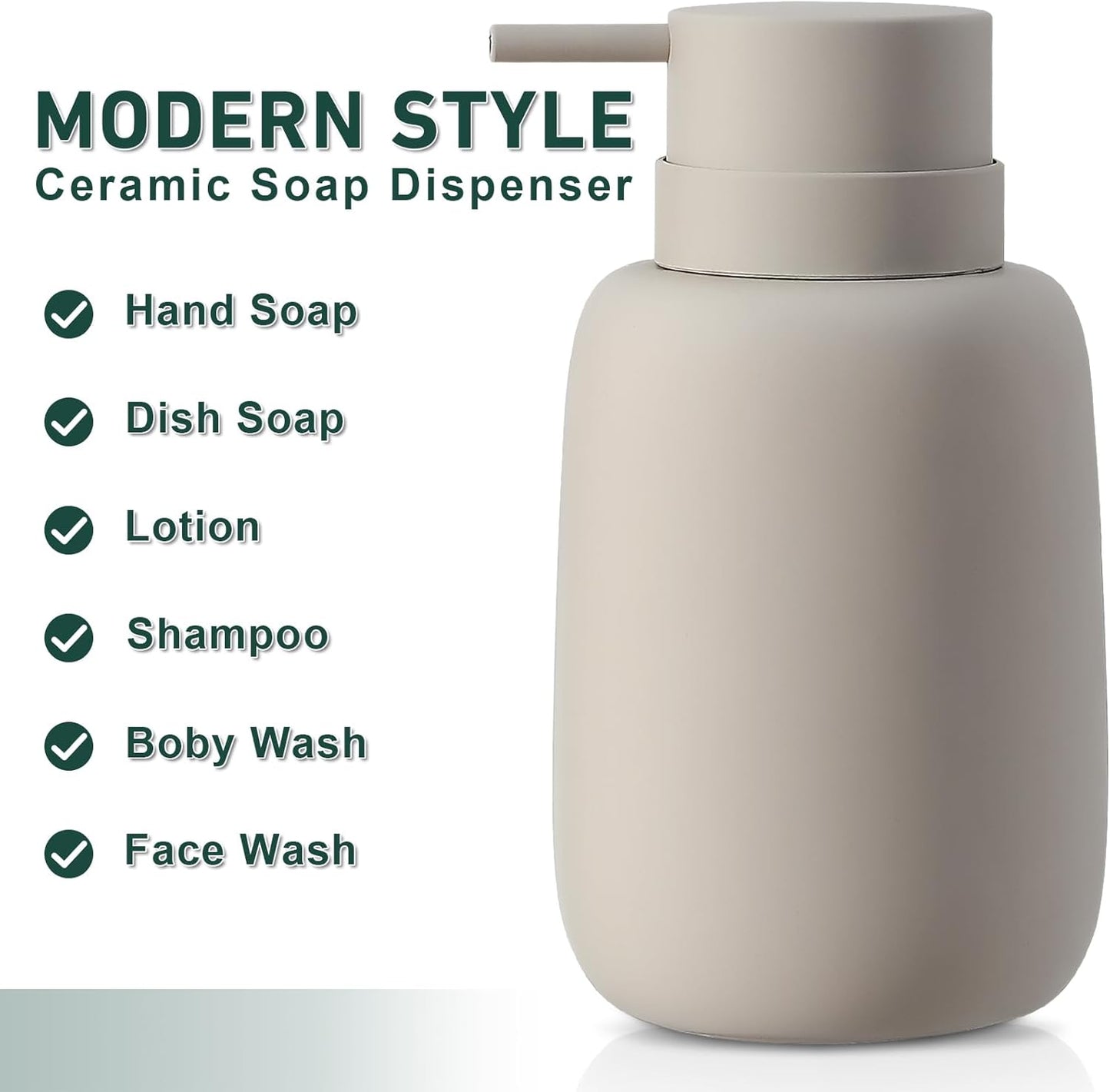Ceramic Hand Soap Dispenser for Bathroom,16OZ Matte Dish Soap Dispenser for Kitchen Sink,Refillable Liquid Lotion Dispenser with Easy-to-Press Pump Rubber Paint (Grey)