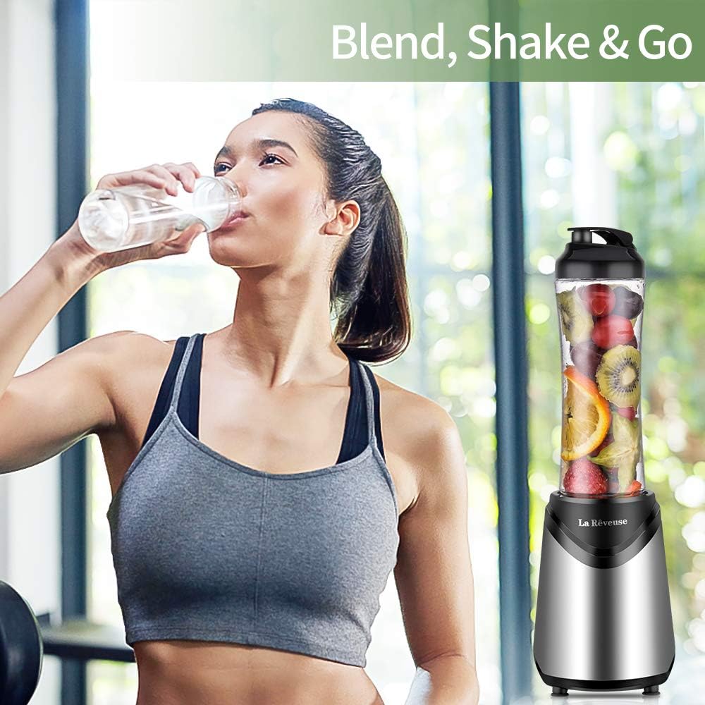 La Reveuse Smoothies Blender Personal Size 300 Watts with 18 oz BPA-Free Portable Travel Sports Bottle, Silver