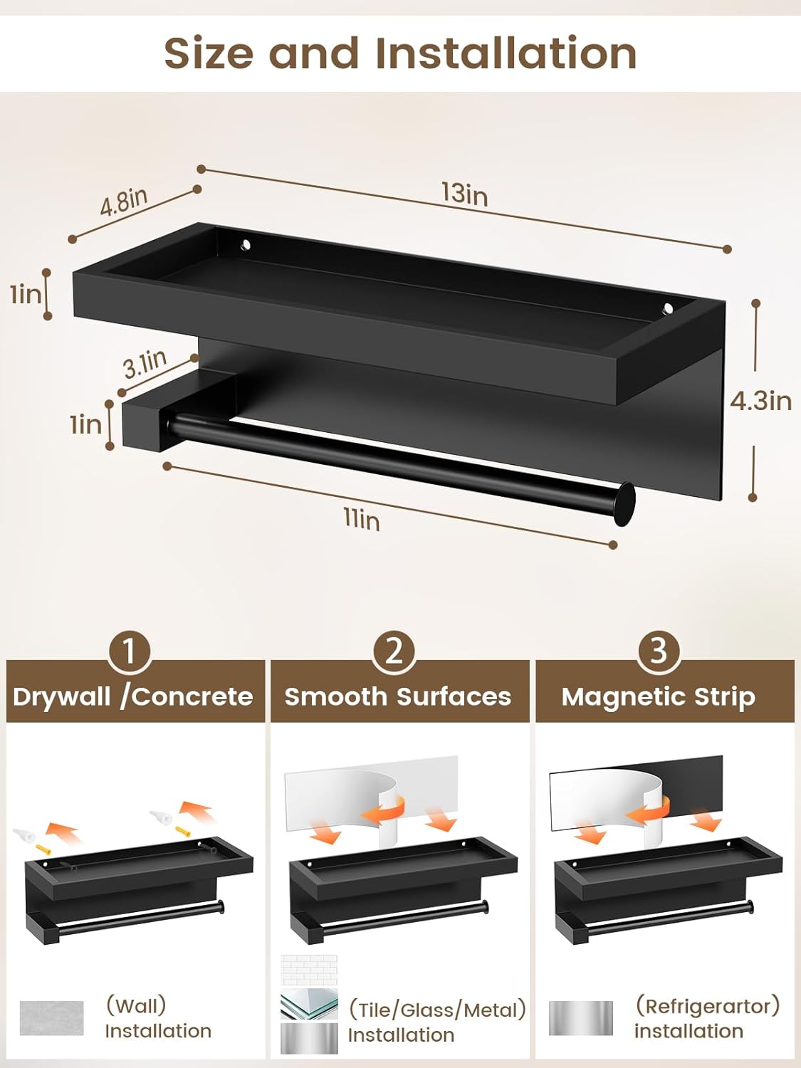 3-in-1 Paper Towel Holder Magnetic Adhesive Wall Mount - Paper Roll Holder with Shelf Under Cabinet, Kitchen Essentials for New Home Apartment Decor, RV Camper Organization Must Haves, Black