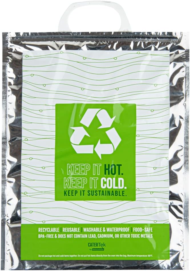 Restaurantware Cater Tek 11.8 x 5.9 x 15 Inch Hot And Cold Bags 10 Triple Layer Insulated Bags - Snap Lock Handles Waterproof Green & Silver Plastic Thermal Lunch Bags For Frozen & Hot Items