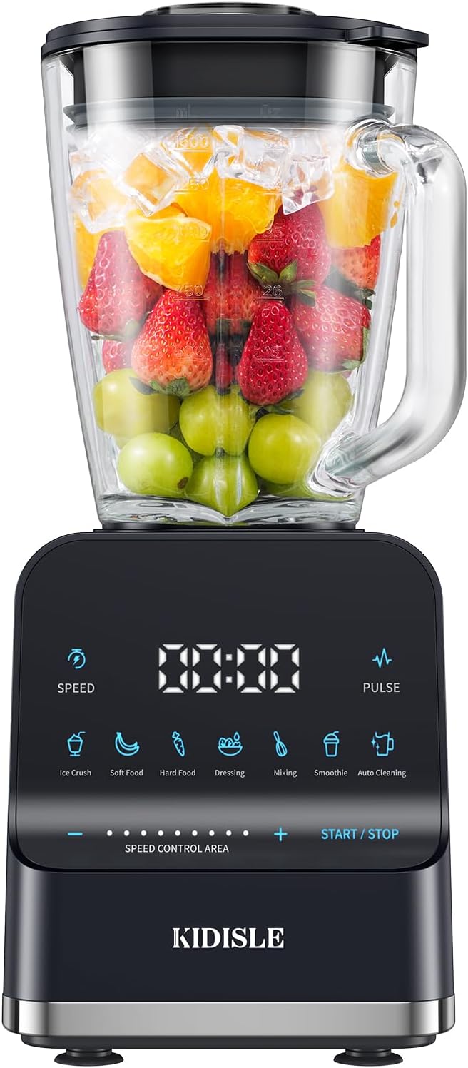1200W Professional Smoothie Blender for Shakes, 52oz Glass Jar, Ice Crush, Puree, 9-Speed Touchscreen with Pulse & 7 Functions, Black