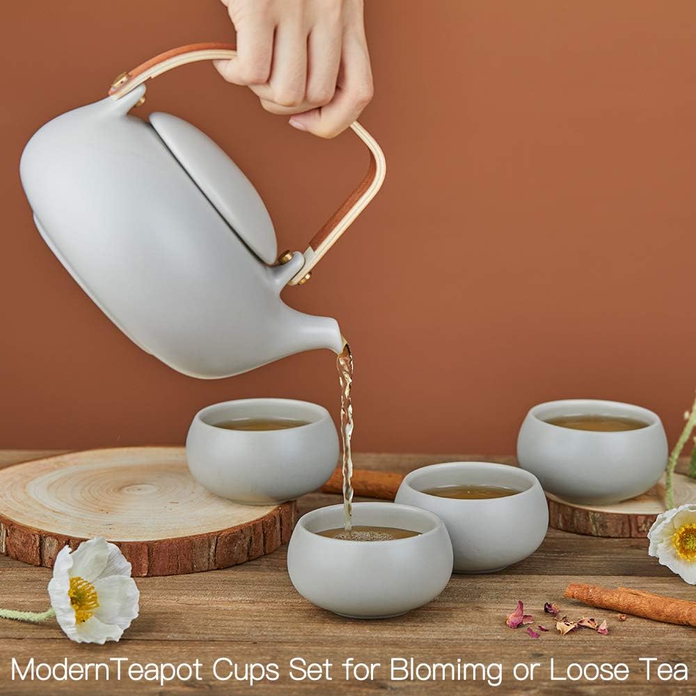 ZENS Vintage Japanese Tea Set, 27oz Ceramic Japanese Teapot with Infuser, Wood Handle Matte Gray Teapot with Strainers and 4 Cups for Tea Party, Women's Gift
