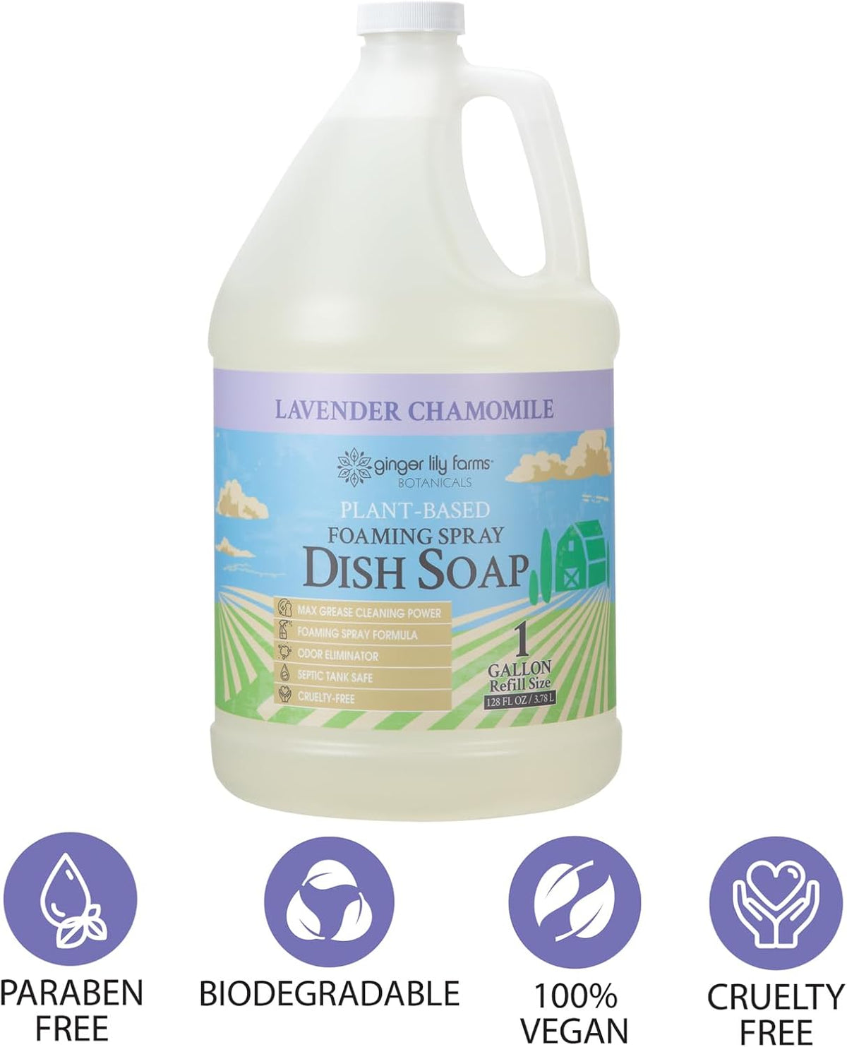 Ginger Lily Farms Botanicals Plant-Based Foaming Spray Dish Soap, Concentrated Formula with Max Grease Cleaning Power, Cruelty-Free, Lavender Chamomile Scent, 1 Gallon Refill (128 Fl Oz)