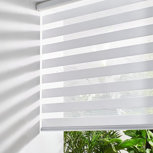 Persilux Cordless Zebra Blinds for Windows Free-Stop Roller Shades for Windows (33.5" W x 72" H, White) Dual Layer Window Treatments Room Darkening Roller Blinds for Home, Office and Kitchen
