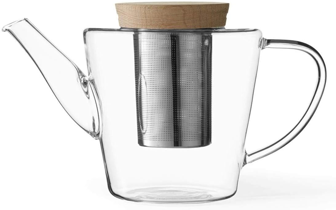Viva Infusion Borosilicate Glass Tea Pot for Stovetop with Loose Leaf Tea Infuser Mesh - 34 ounce/1 Liter - Modern Teapot Features Bamboo Wood Lid, Tea Maker for Blooming