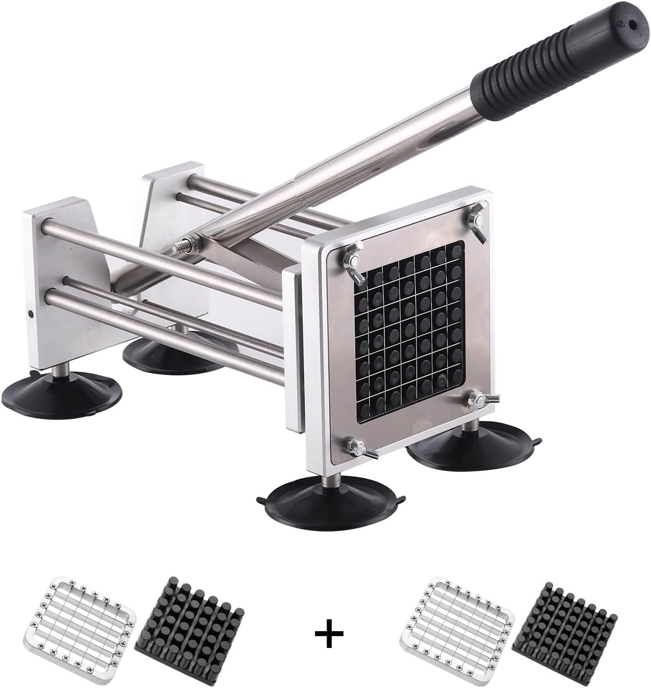 French Fry Cutter, Potato Slicer Fry Cutter with Detachable Handle， Stainless Steel Potato Cutter Includes 3/8",1/2" Blades with 4 Suction Feet for Potato, Carrot, Cucumbers