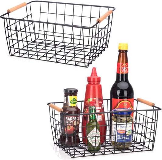 Metal Wire Food Storage Basket Organizer with Wooden Handles for Organizing pantry organizers and storage Kitchen Cabinets, 2 Packs-Black