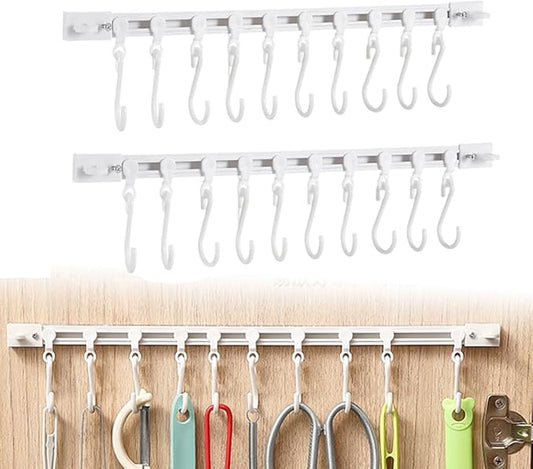 Multifunctional Slide Rail Hook,Kitchen Utensil Hanging Rack Wall Mounted Hanger,Space Saving Utensil Holder with 10 Hooks ,Sliding Track Hook No Drilling Hanger for Home Office (Length 30cm/2pcs)