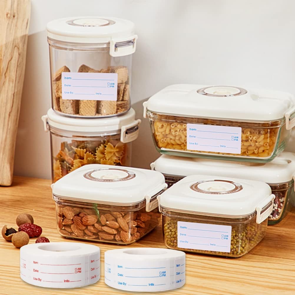 2 Rolls 1000 Pieces Removable Food Labels, 1 x 2 Inch Date Stickers for Freezer, Refrigerator Food Containers - Easy to Write On